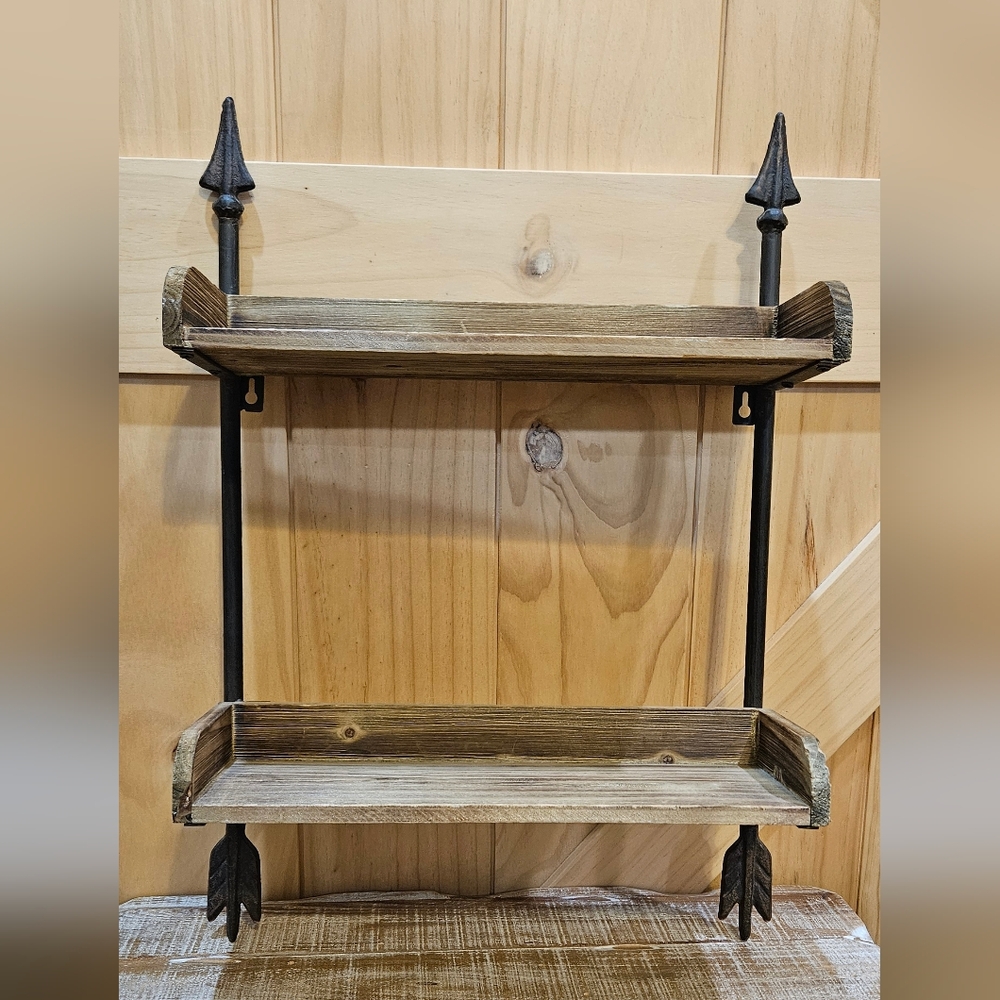 Arrow Detail Rustic Wood and Metal Two Tier Wall Shelf